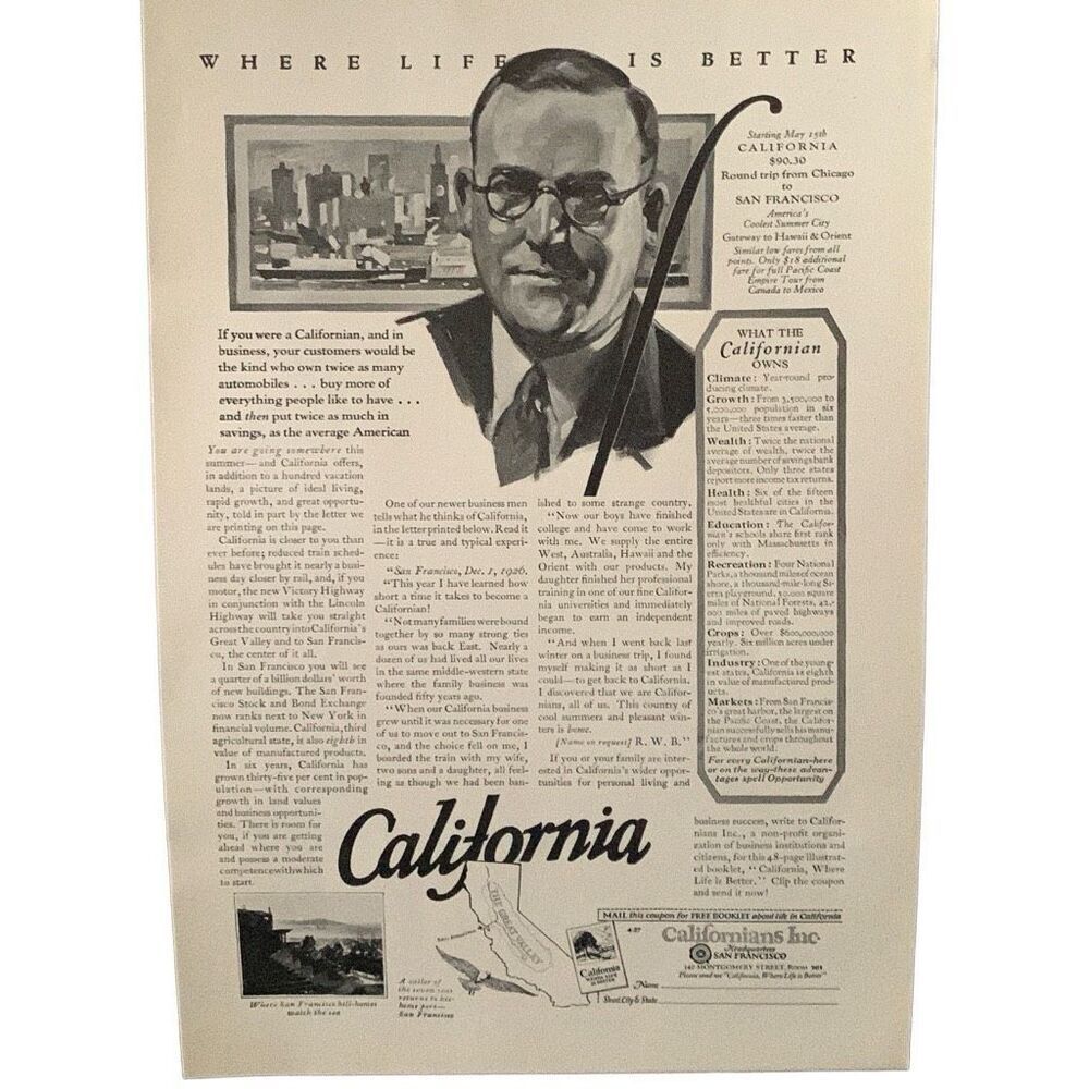 Vintage 1927 California Where Life is Better Ad Advertisement